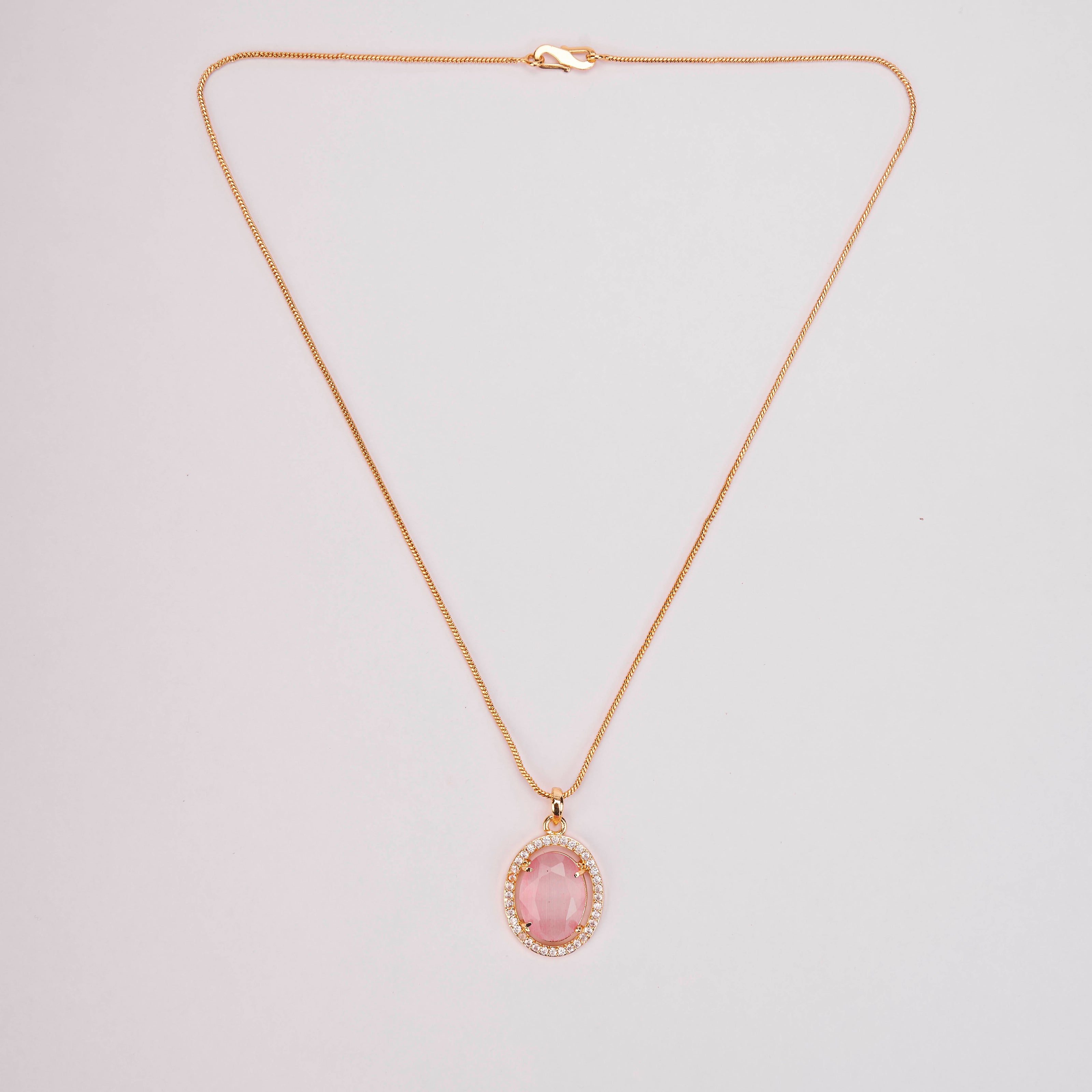 Oval Halo Design Gold Plated Pendant with chain-Mint Pink