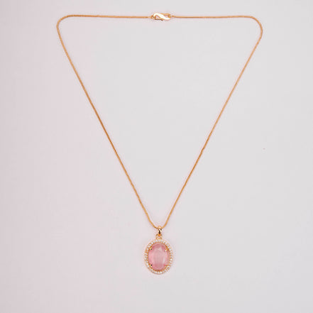 Oval Halo Design Gold Plated Pendant with chain-Mint Pink