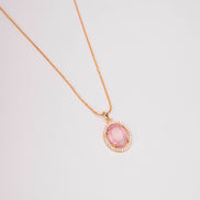 Oval Halo Design Gold Plated Pendant with chain-Mint Pink