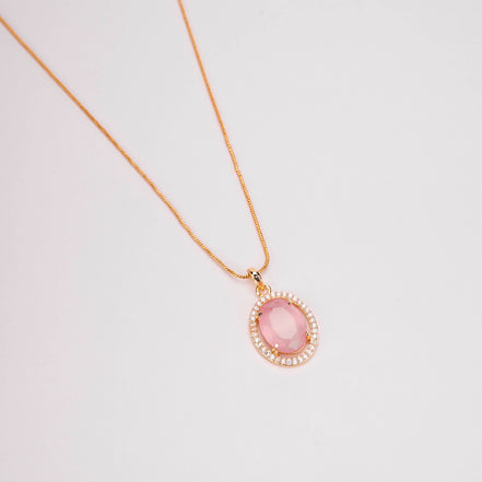 Oval Halo Design Gold Plated Pendant with chain-Mint Pink