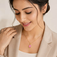 Oval Halo Design Gold Plated Pendant with chain-Mint Pink