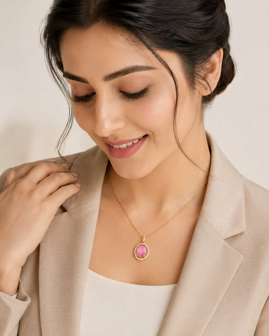 Oval Halo Design Gold Plated Pendant with chain-Mint Pink