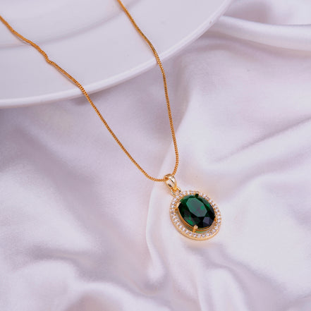 Oval Halo Design Gold Plated Pendant with chain-Crystal Green