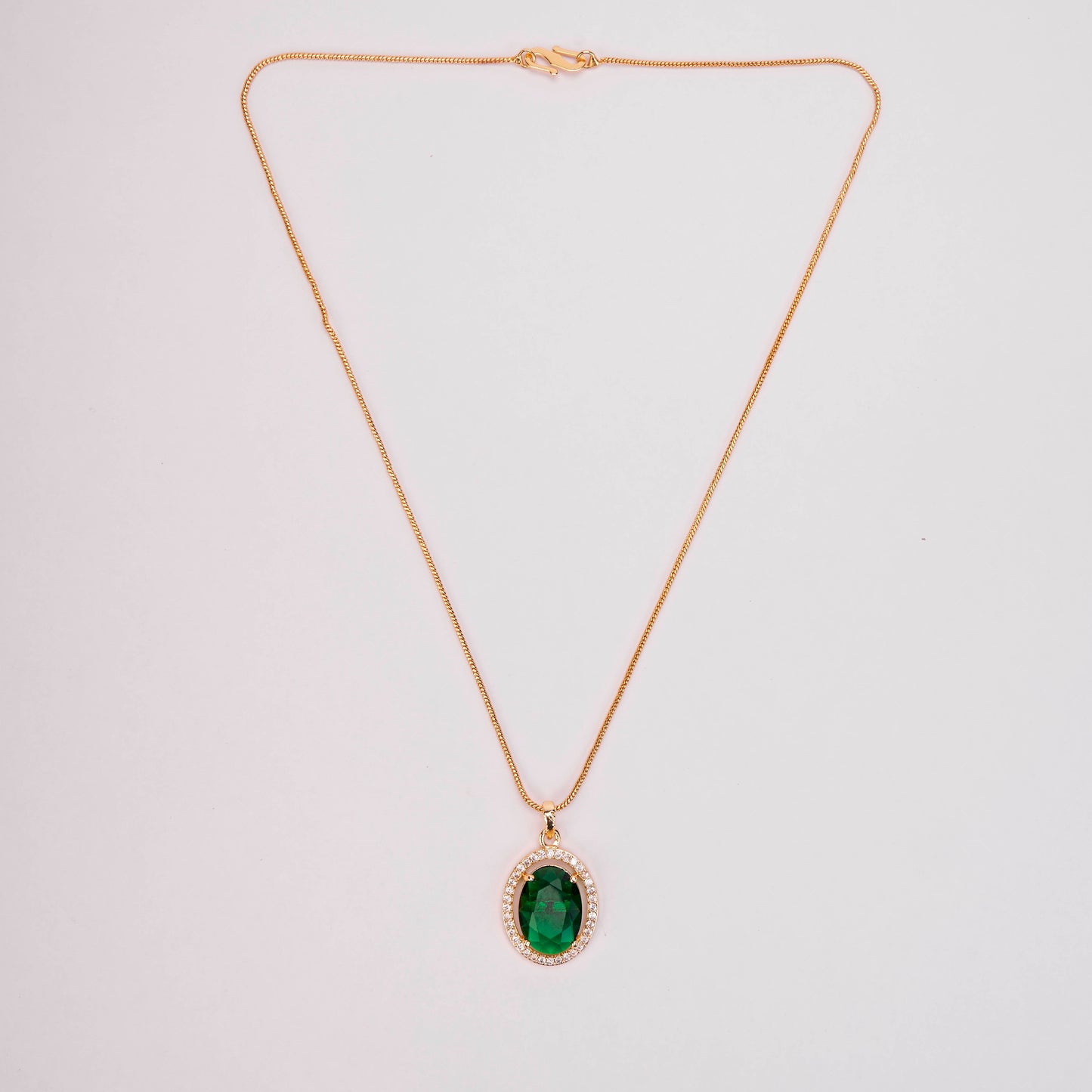 Oval Halo Design Gold Plated Pendant with chain-Crystal Green