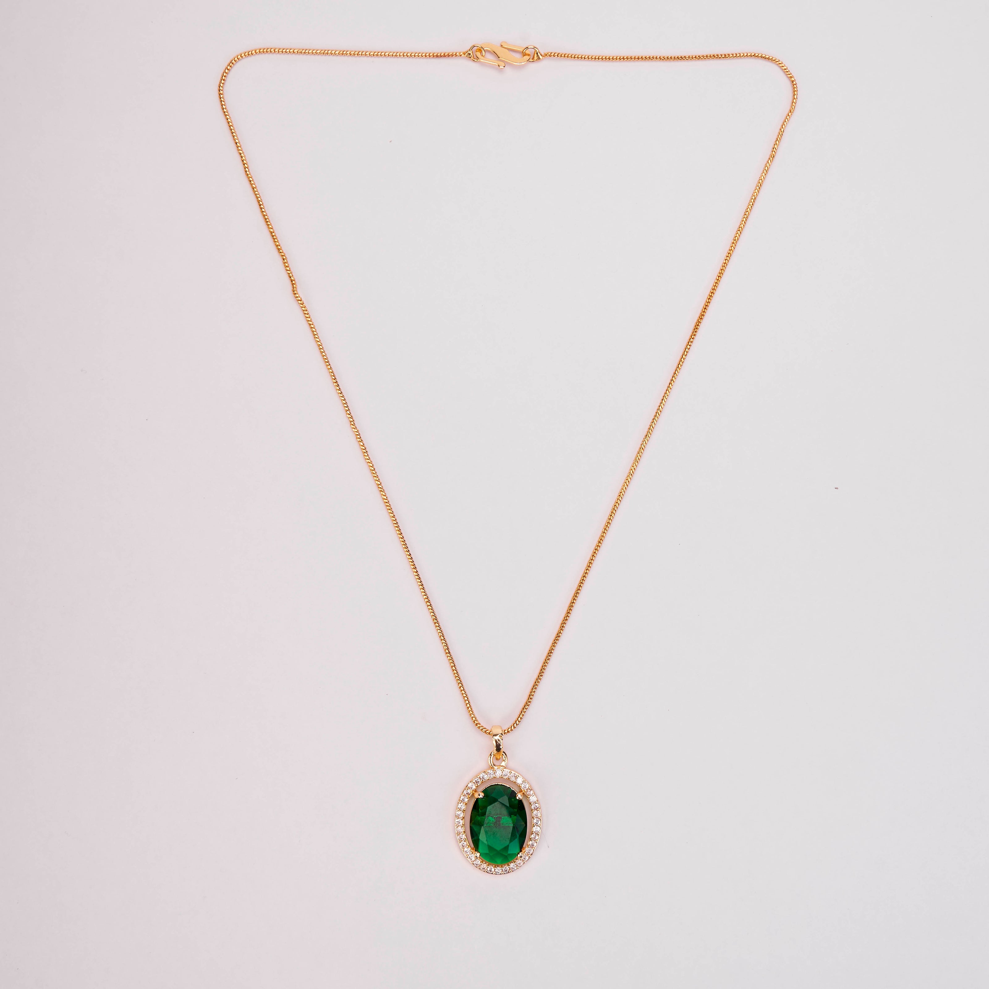 Oval Halo Design Gold Plated Pendant with chain-Crystal Green