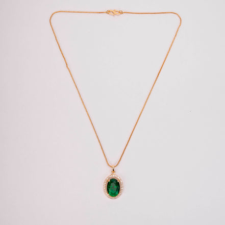 Oval Halo Design Gold Plated Pendant with chain-Crystal Green