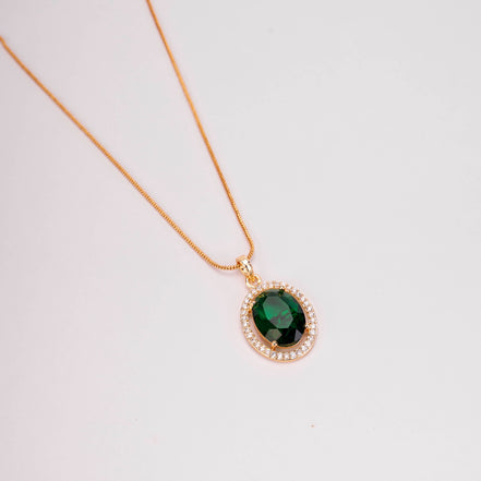 Oval Halo Design Gold Plated Pendant with chain-Crystal Green