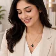 Oval Halo Design Gold Plated Pendant with chain-Crystal Green