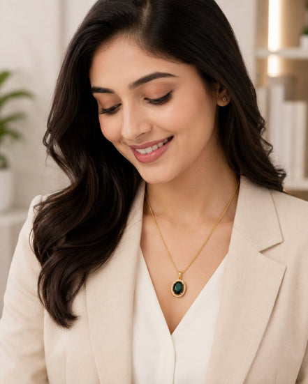 Oval Halo Design Gold Plated Pendant with chain-Crystal Green