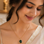 Oval Halo Design Gold Plated Pendant with chain-Crystal Green