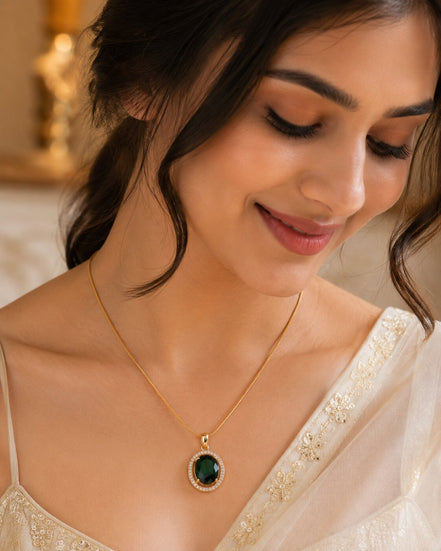 Oval Halo Design Gold Plated Pendant with chain-Crystal Green