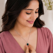 Oval Halo Design Gold Plated Pendant with chain-Crystal Green