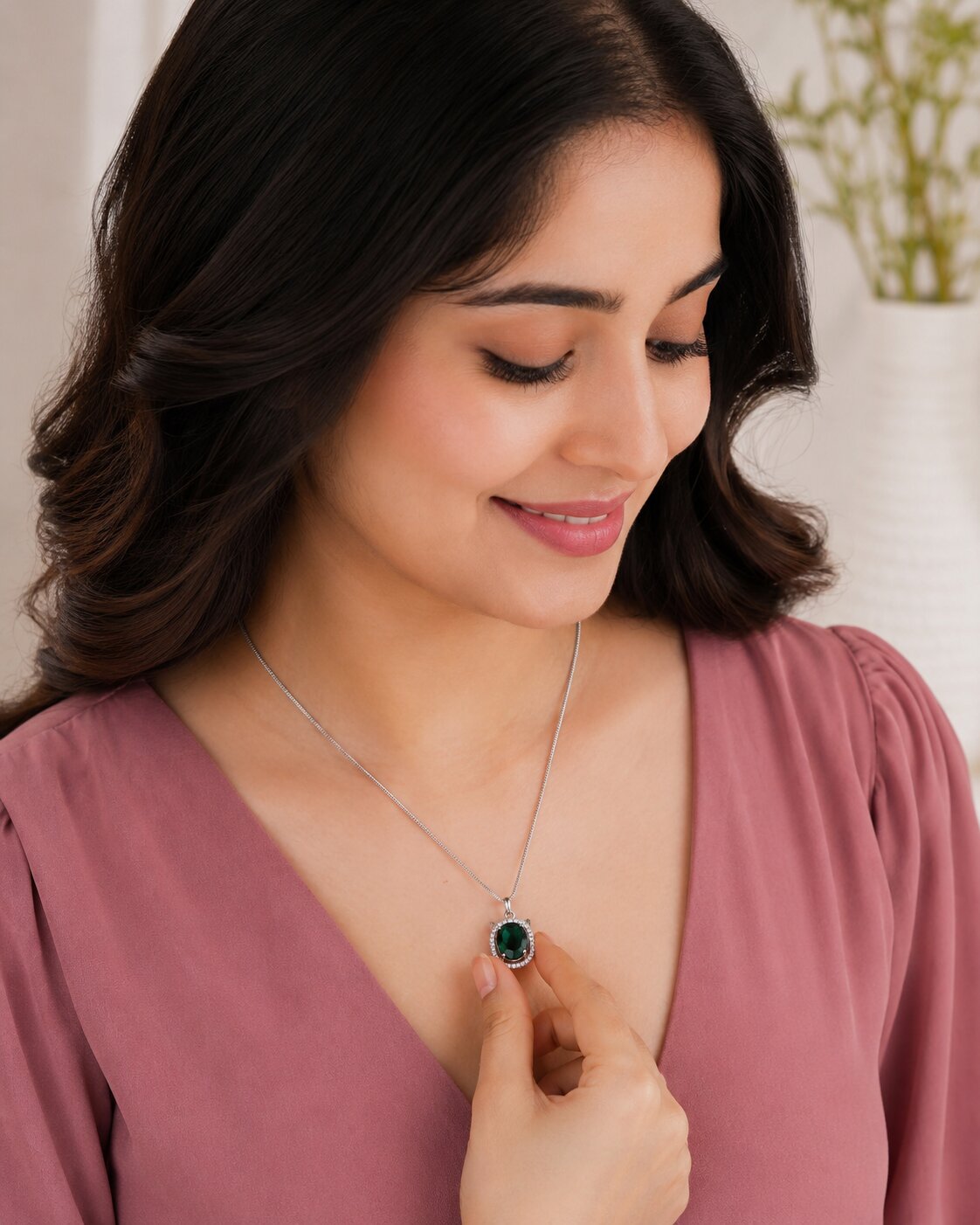 Oval Halo Design Gold Plated Pendant with chain-Crystal Green