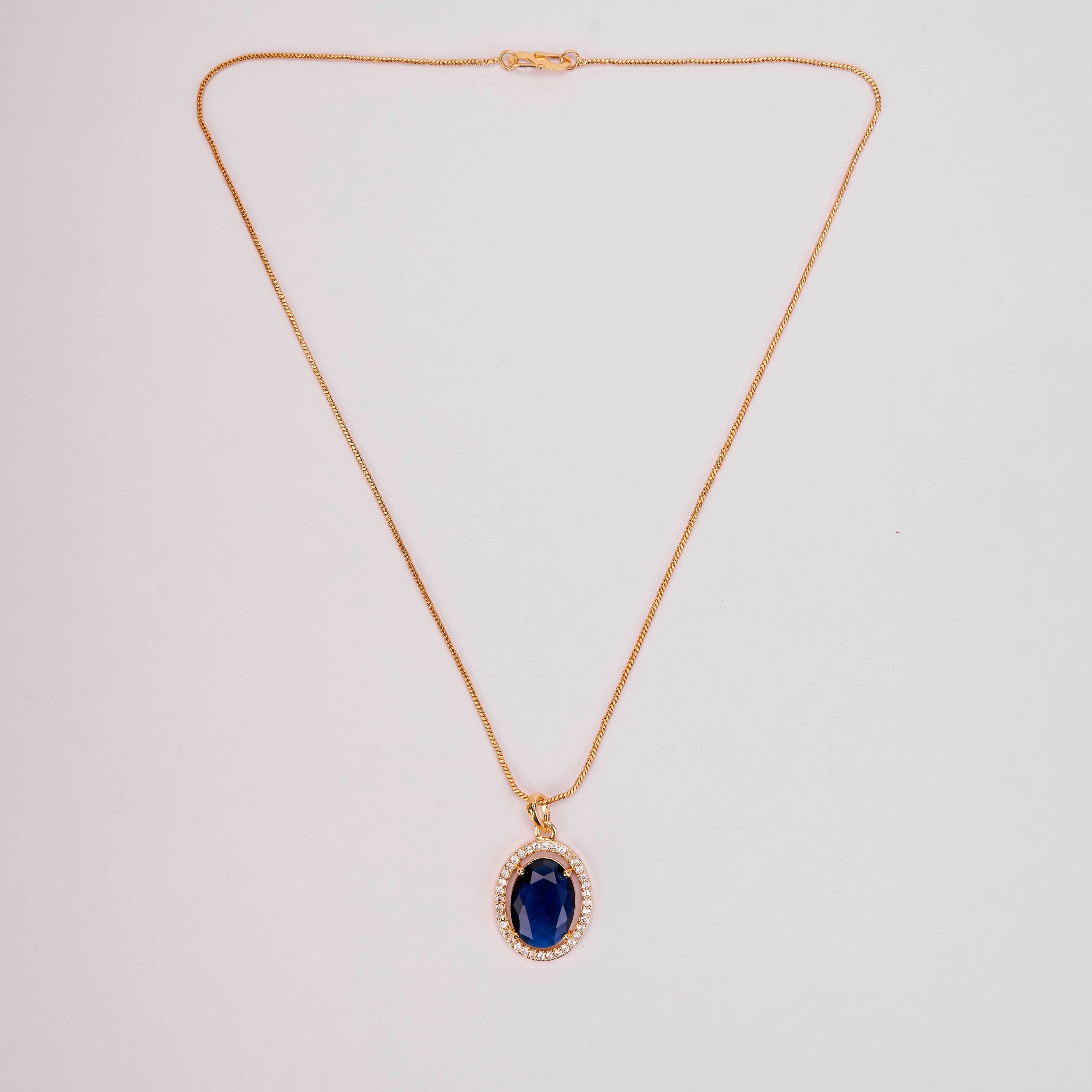 Oval Halo Design Gold Plated Pendant with chain-Crystal Blue