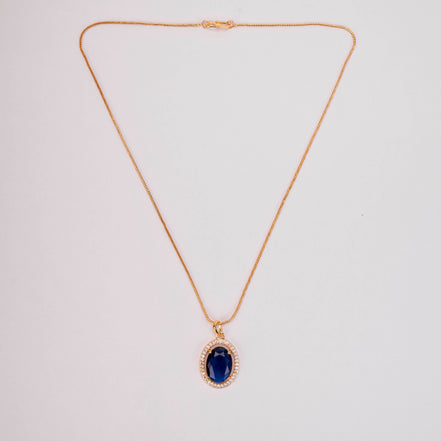 Oval Halo Design Gold Plated Pendant with chain-Crystal Blue