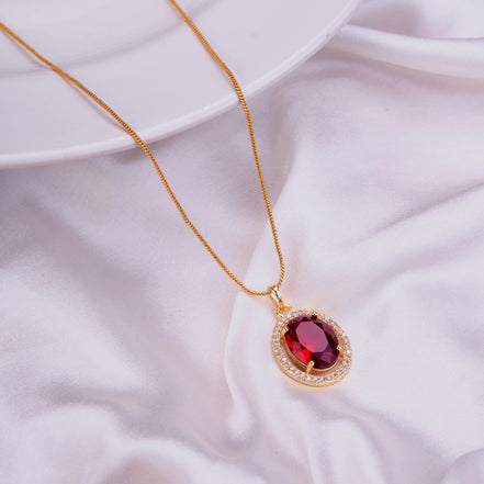 Oval Halo Design Gold Plated Pendant with chain-Crystal Red