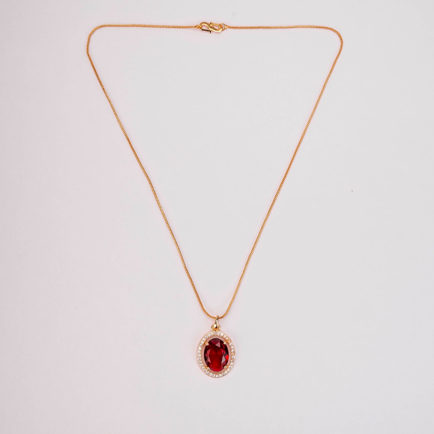 Oval Halo Design Gold Plated Pendant with chain-Crystal Red