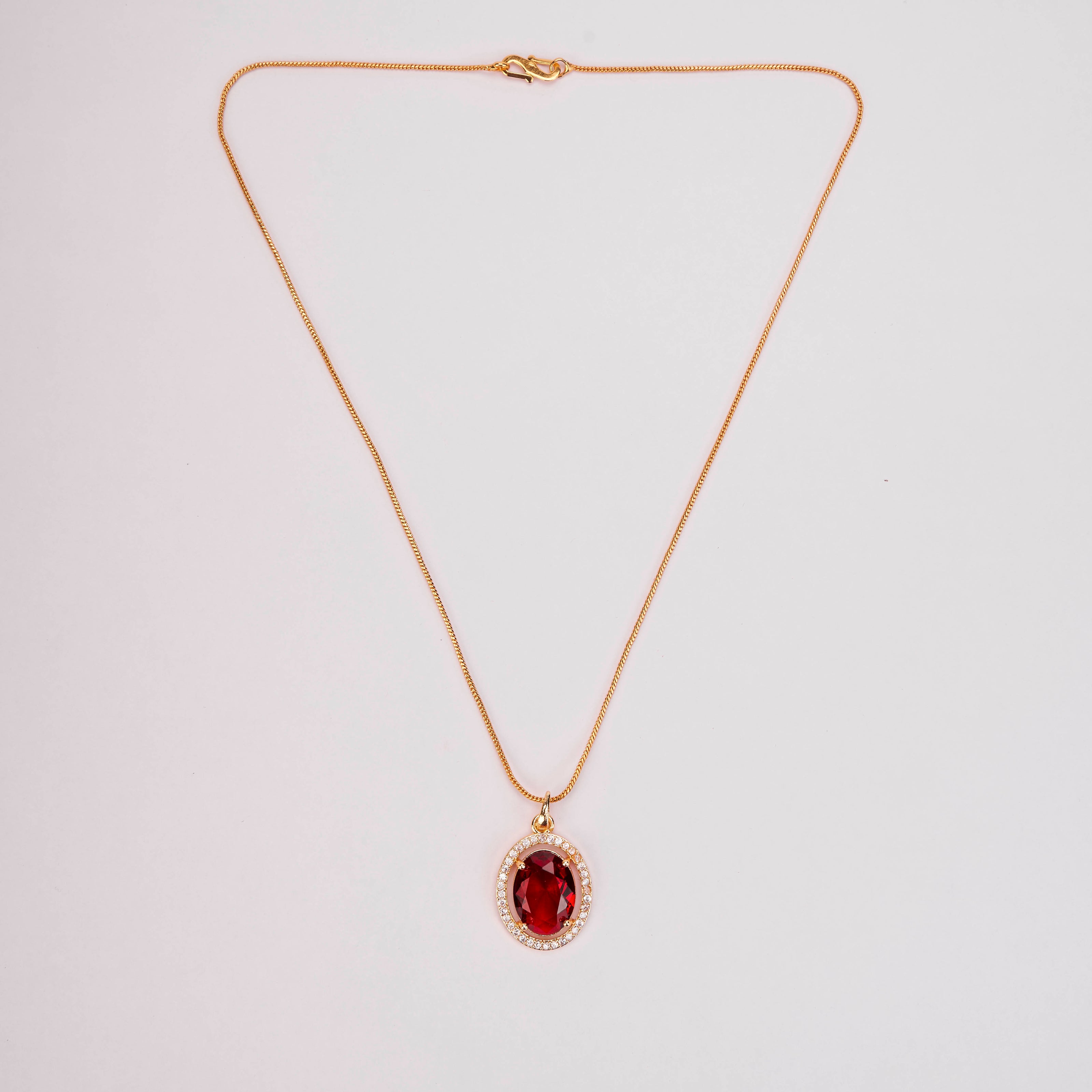Oval Halo Design Gold Plated Pendant with chain-Crystal Red