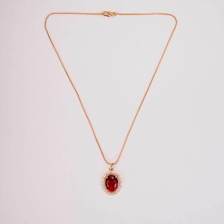 Oval Halo Design Gold Plated Pendant with chain-Crystal Red