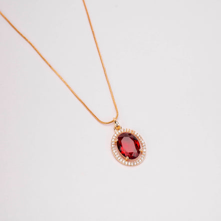 Oval Halo Design Gold Plated Pendant with chain-Crystal Red