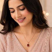 Oval Halo Design Gold Plated Pendant with chain-Crystal Red