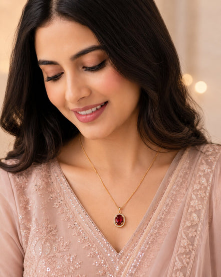 Oval Halo Design Gold Plated Pendant with chain-Crystal Red