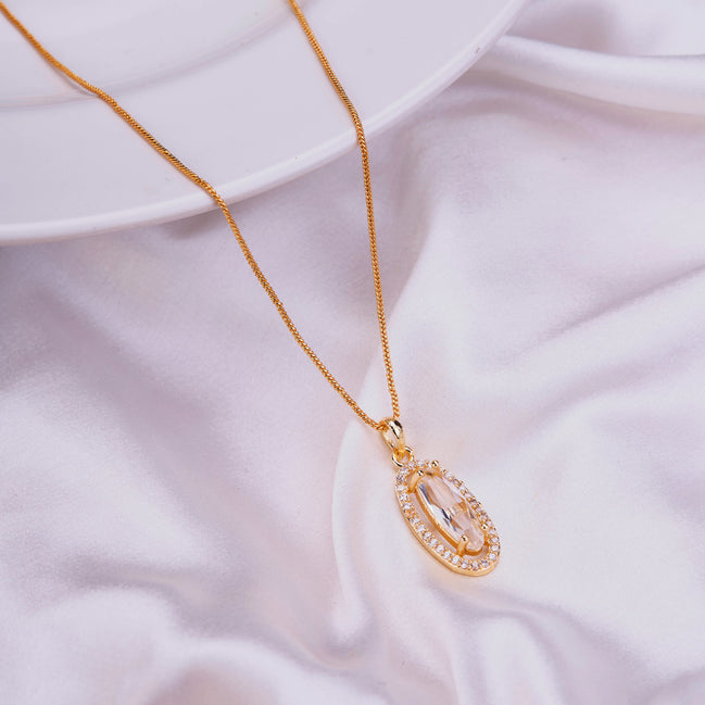 Elongated Oval Halo Design Gold Plated Pendant with chain