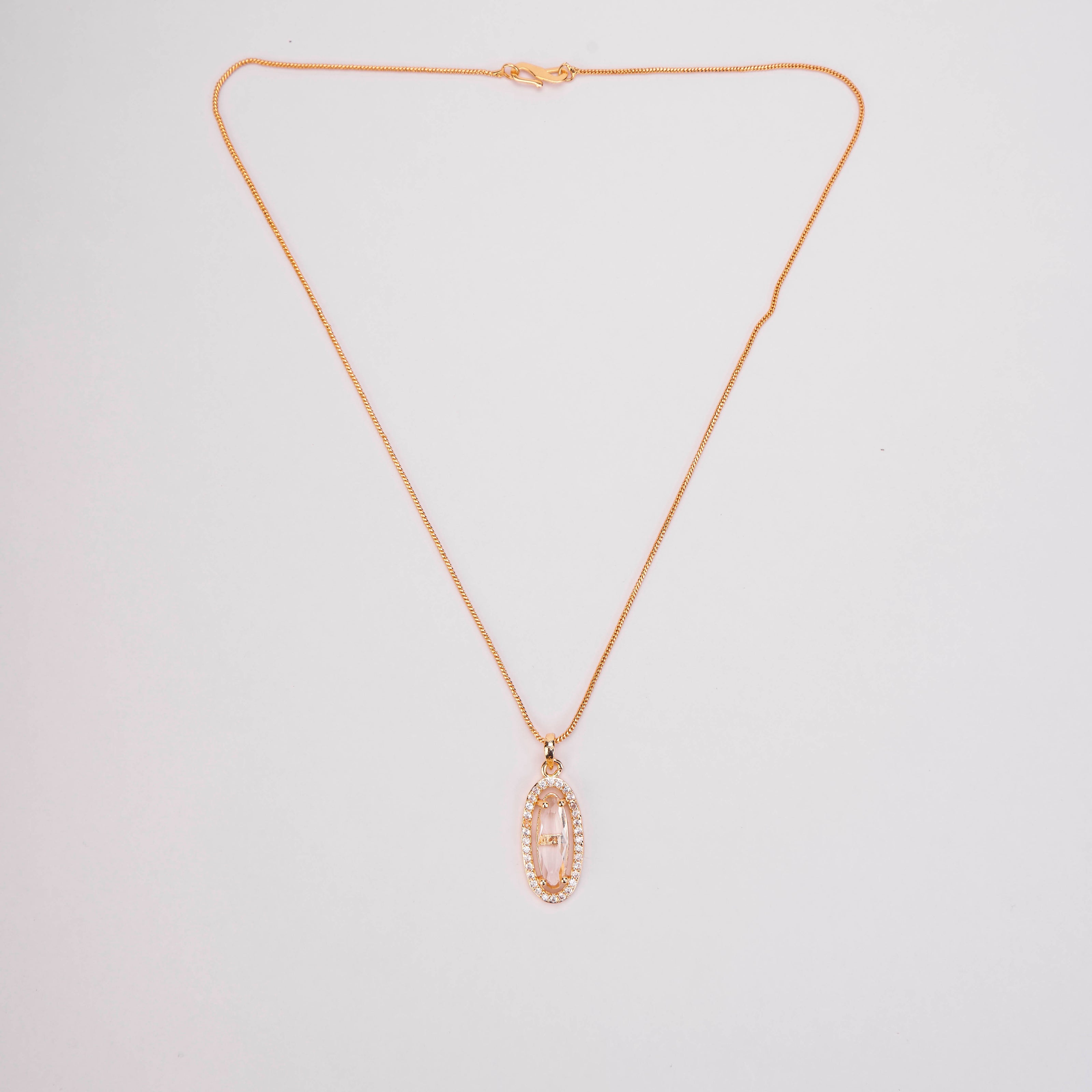 Elongated Oval Halo Design Gold Plated Pendant with chain