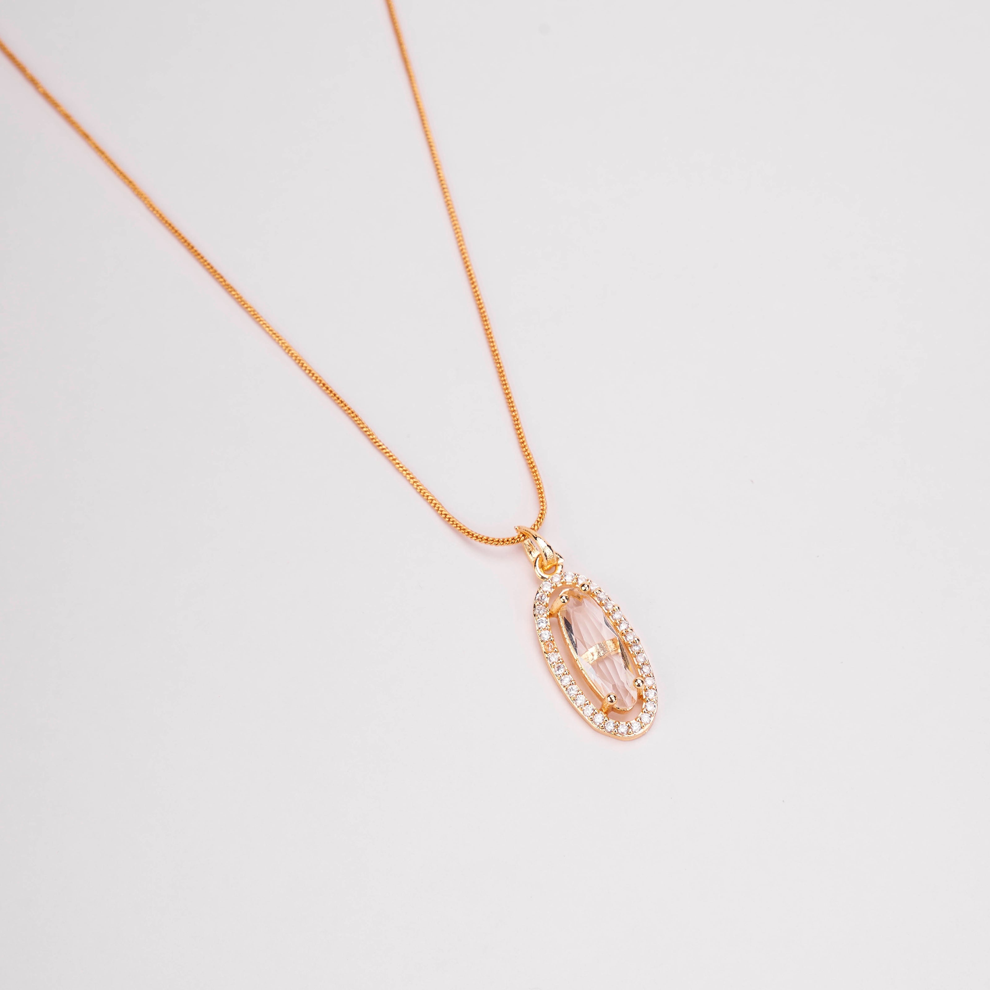 Elongated Oval Halo Design Gold Plated Pendant with chain