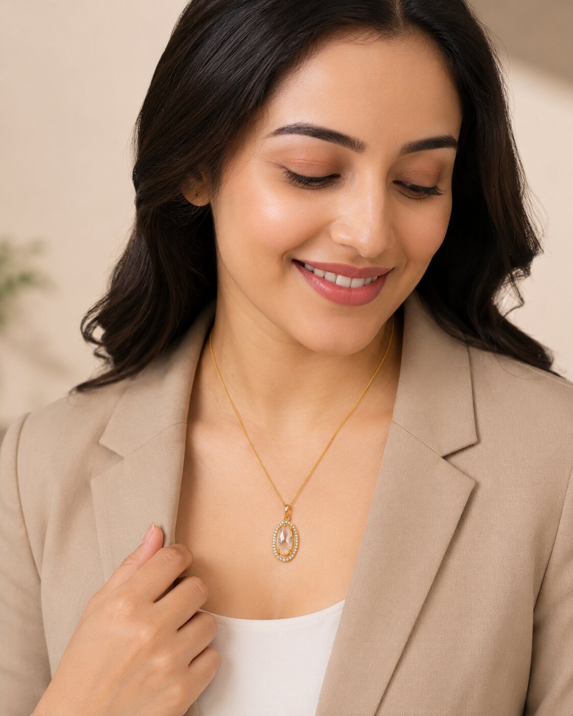 Elongated Oval Halo Design Gold Plated Pendant with chain