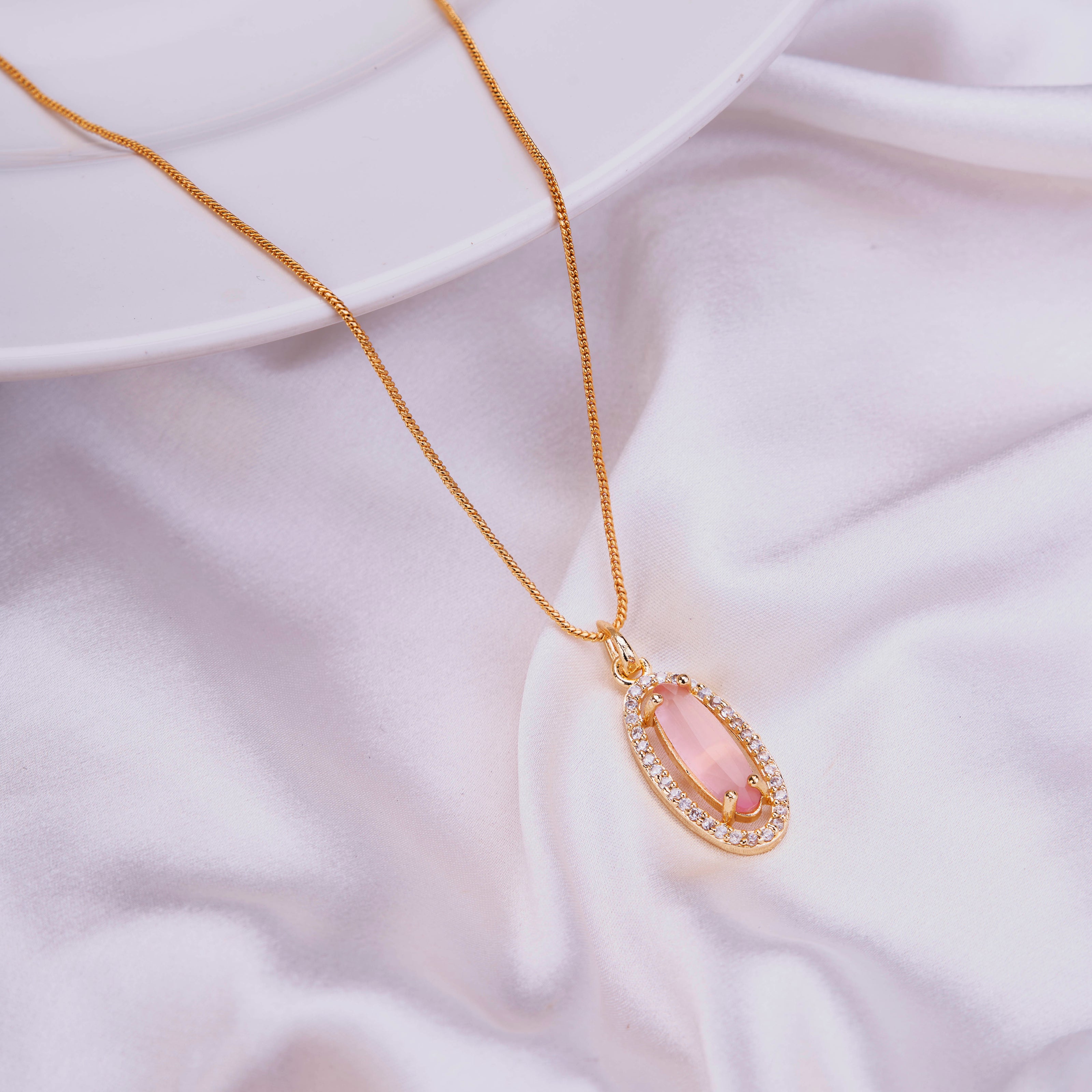Elongated Oval Halo Design Gold Plated Pendant with chain-Mint Pink