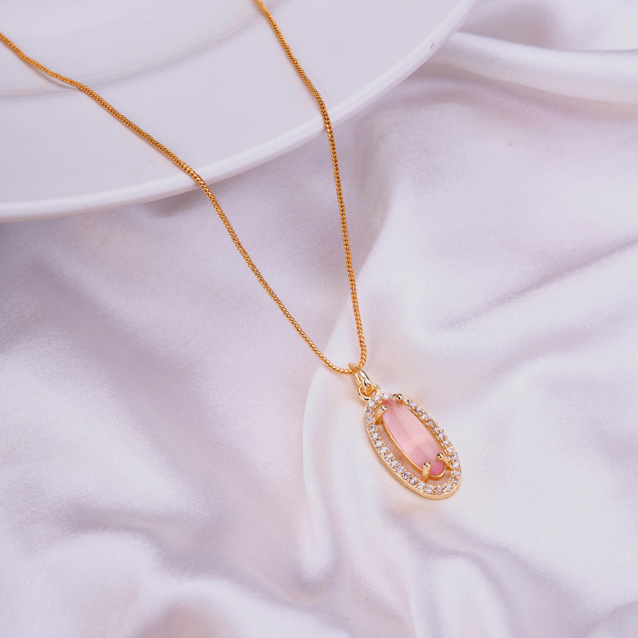 Elongated Oval Halo Design Gold Plated Pendant with chain