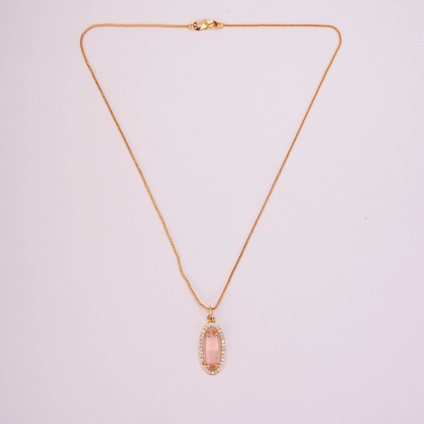 Elongated Oval Halo Design Gold Plated Pendant with chain-Mint Pink