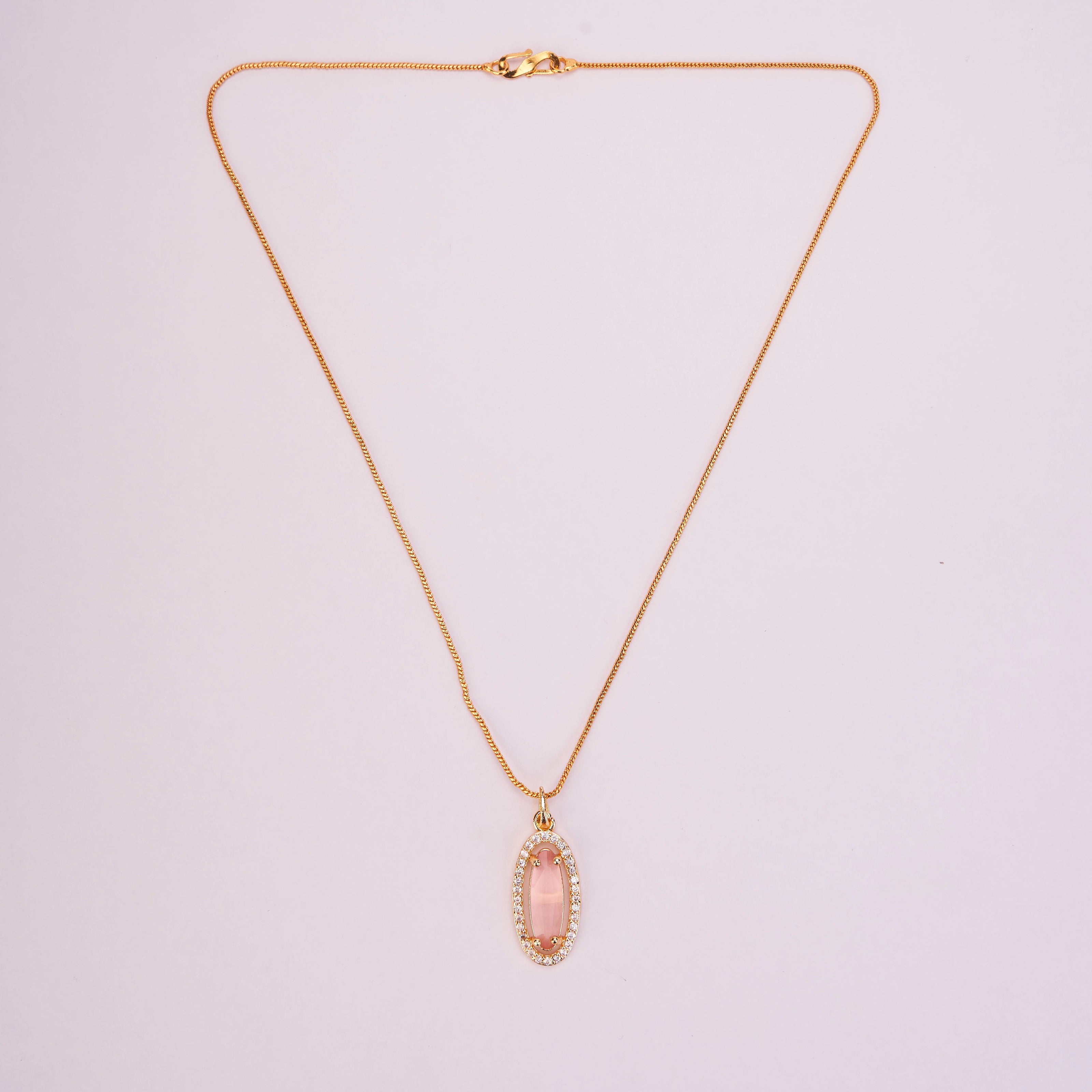 Elongated Oval Halo Design Gold Plated Pendant with chain-Mint Pink