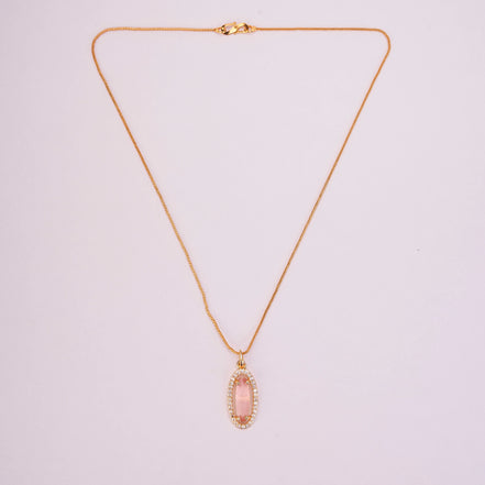 Elongated Oval Halo Design Gold Plated Pendant with chain-Mint Pink