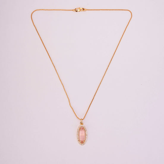 Elongated Oval Halo Design Gold Plated Pendant with chain-Mint Pink