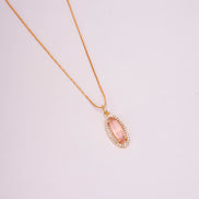 Elongated Oval Halo Design Gold Plated Pendant with chain-Mint Pink