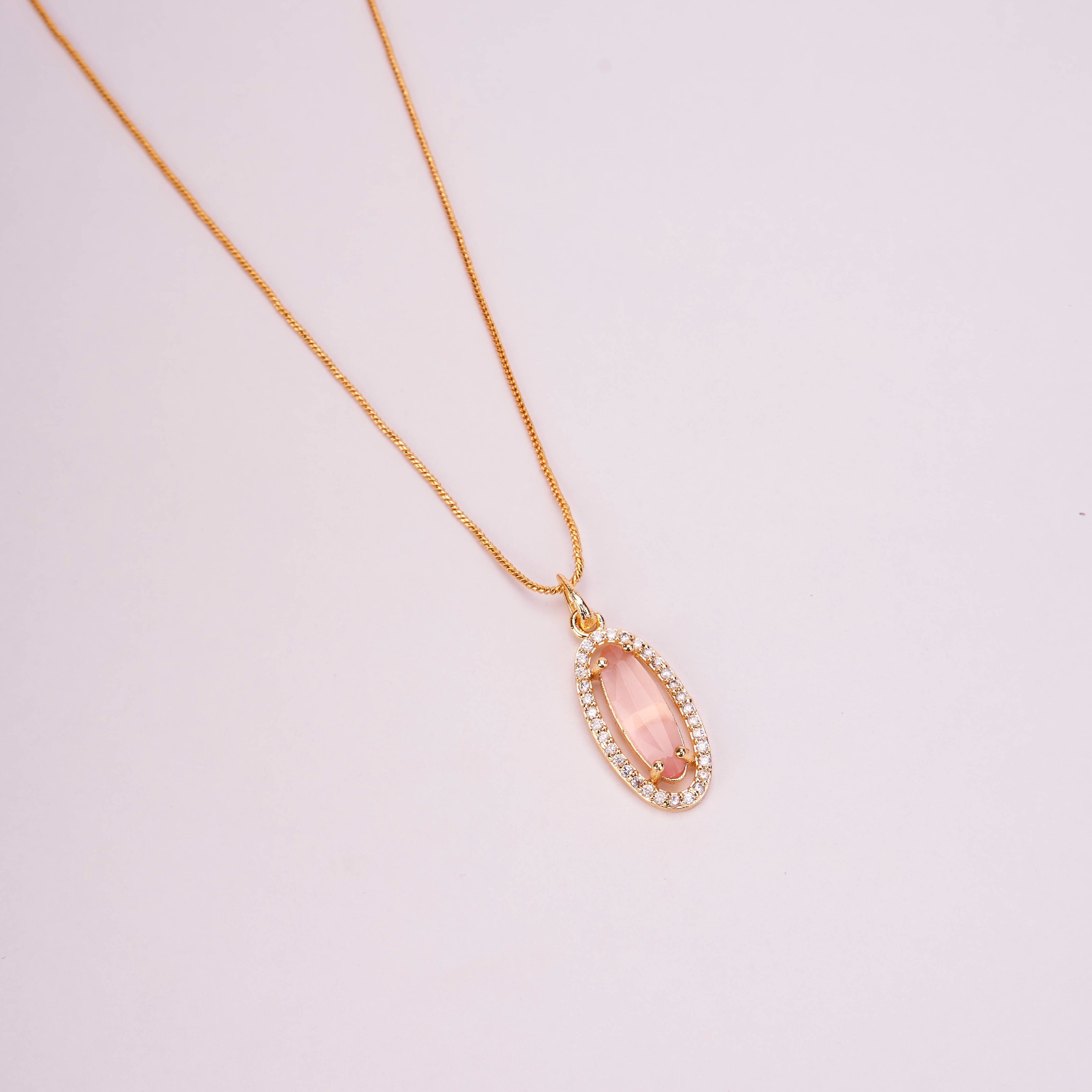 Elongated Oval Halo Design Gold Plated Pendant with chain-Mint Pink