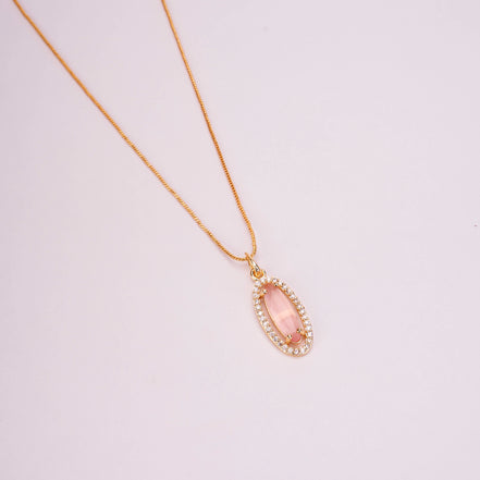 Elongated Oval Halo Design Gold Plated Pendant with chain-Mint Pink