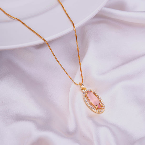 Elongated Oval Halo Design Gold Plated Pendant with chain-Mint Pink