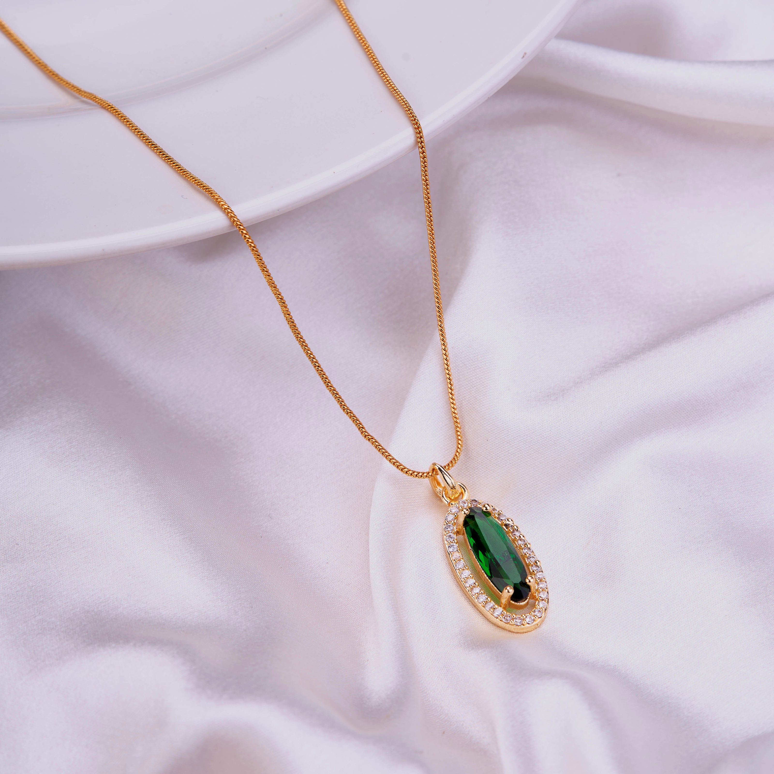 Elongated Oval Halo Design Gold Plated Pendant with chain-Crystal Green