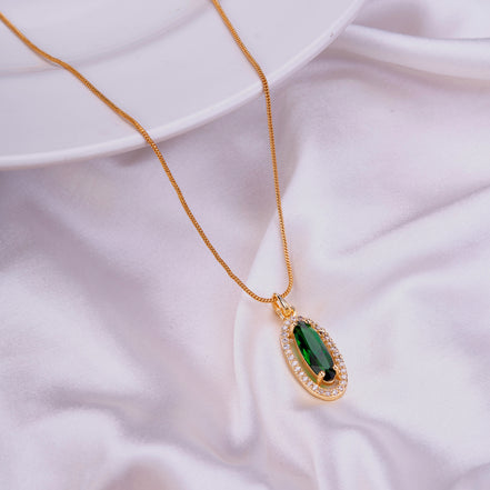 Elongated Oval Halo Design Gold Plated Pendant with chain-Crystal Green