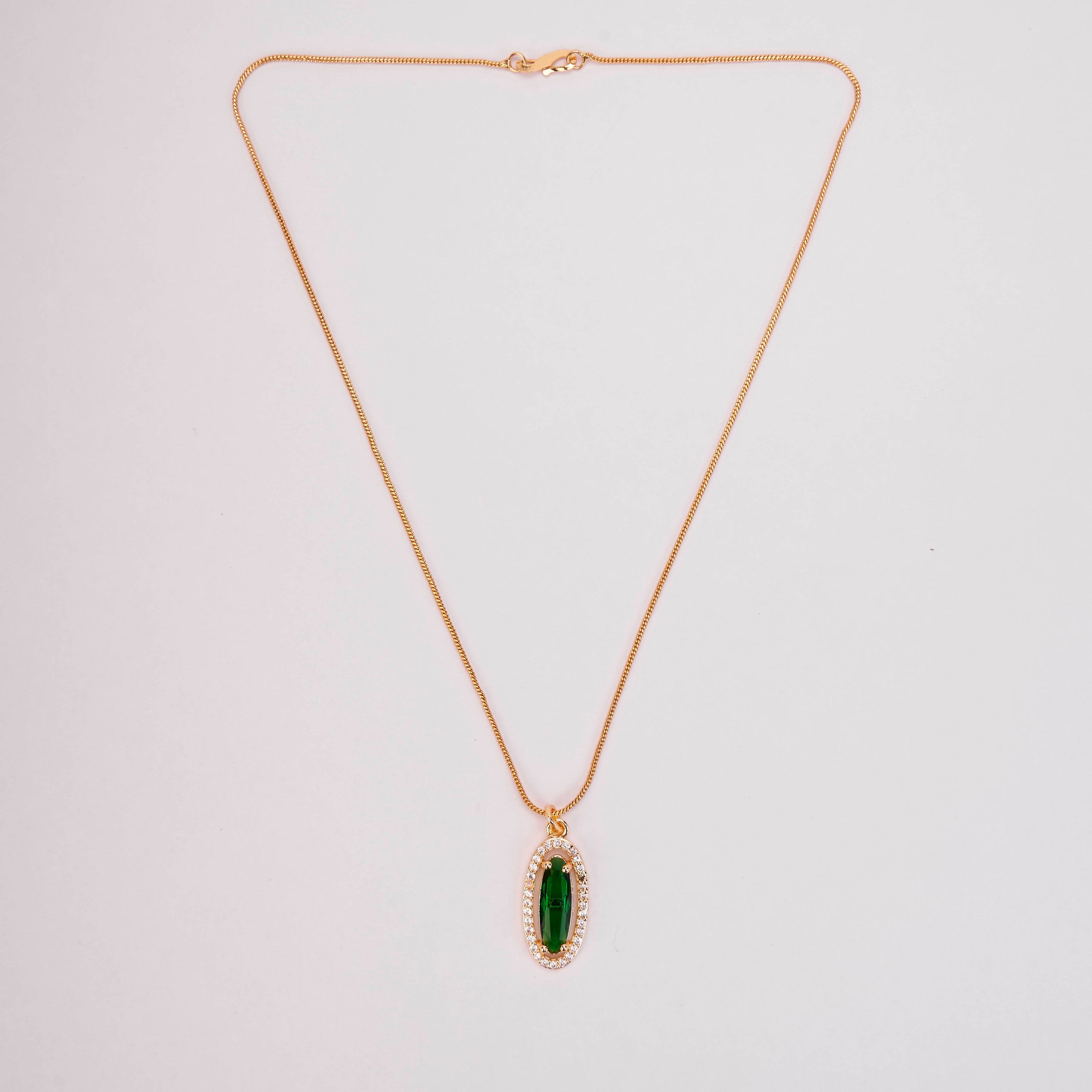 Elongated Oval Halo Design Gold Plated Pendant with chain-Crystal Green