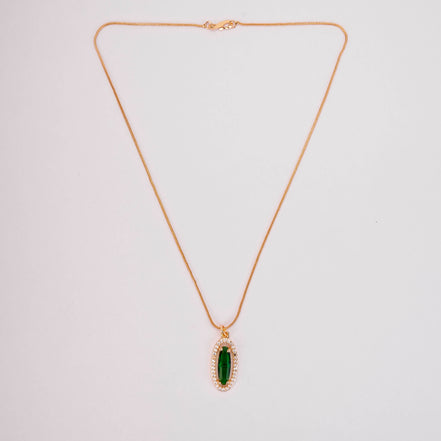Elongated Oval Halo Design Gold Plated Pendant with chain-Crystal Green