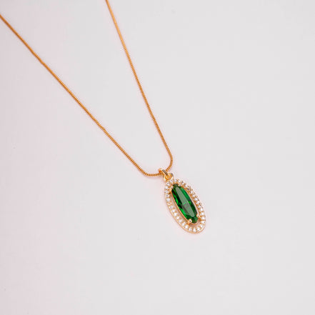 Elongated Oval Halo Design Gold Plated Pendant with chain-Crystal Green