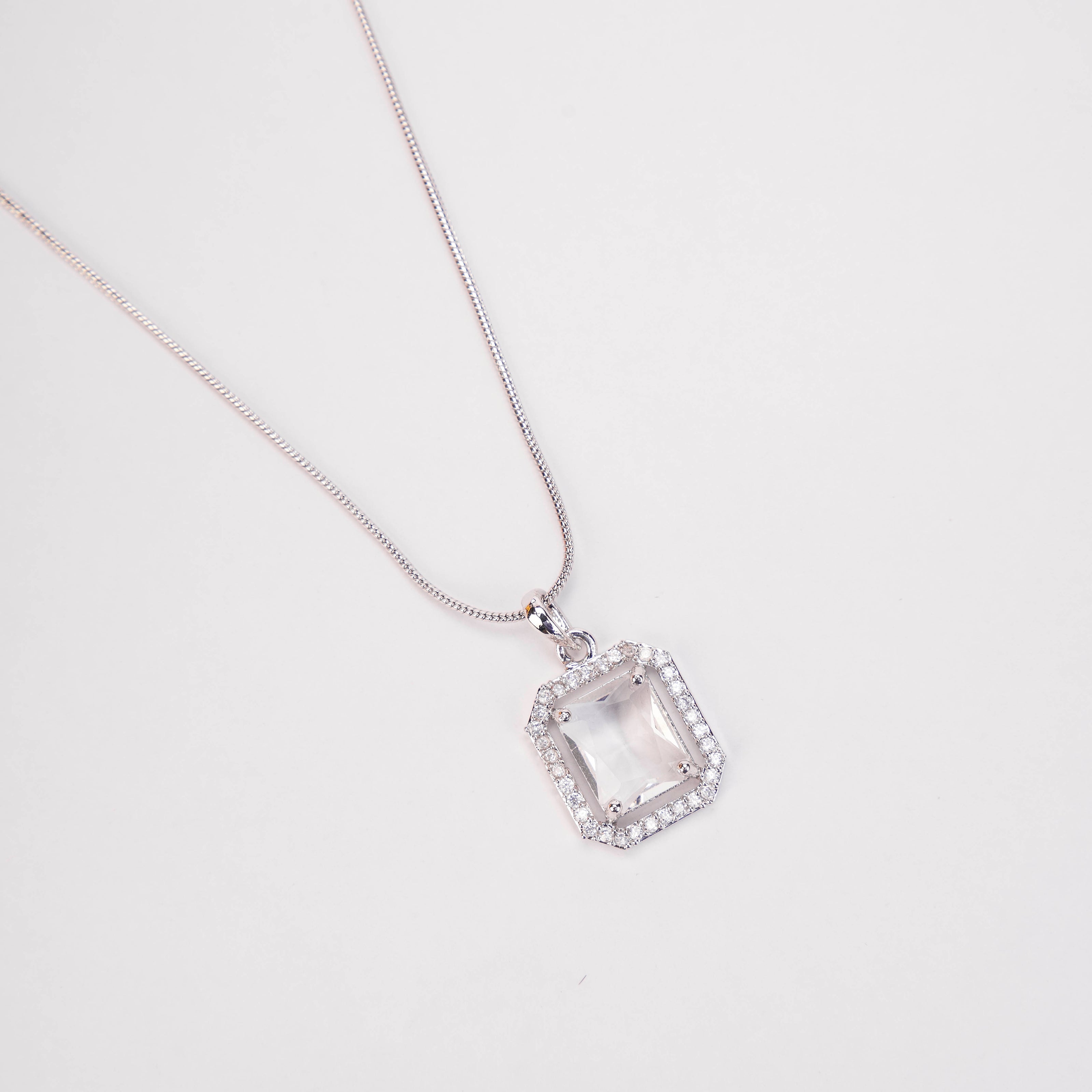 Rhodium Plated Octagon Stone Pendant with chain