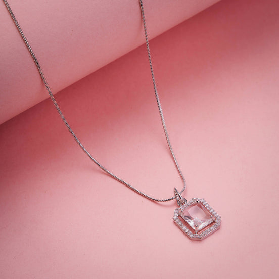 Rhodium Plated Octagon Stone Pendant with chain