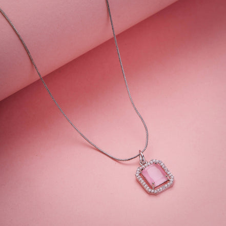Rhodium Plated Octagon Stone Pendant with chain-Mint Pink