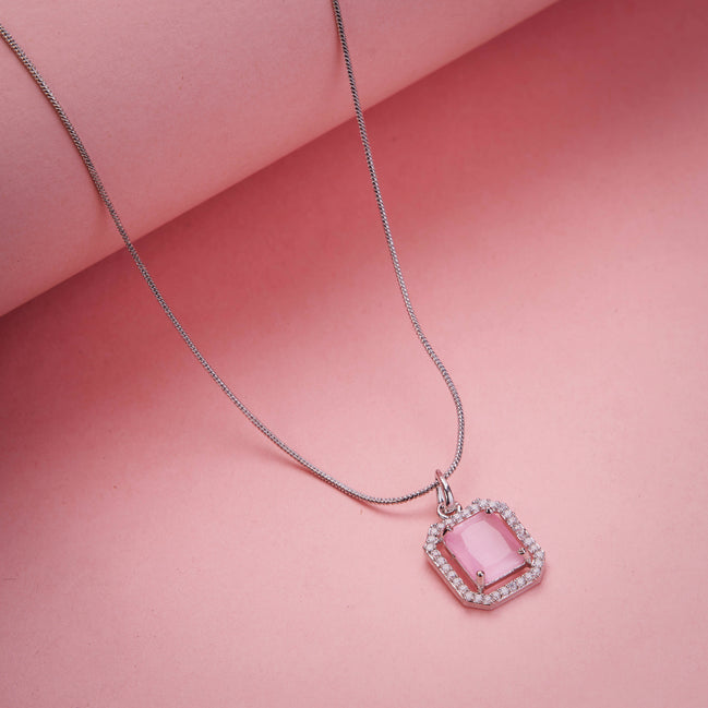 Rhodium Plated Octagon Stone Pendant with chain-Mint Pink