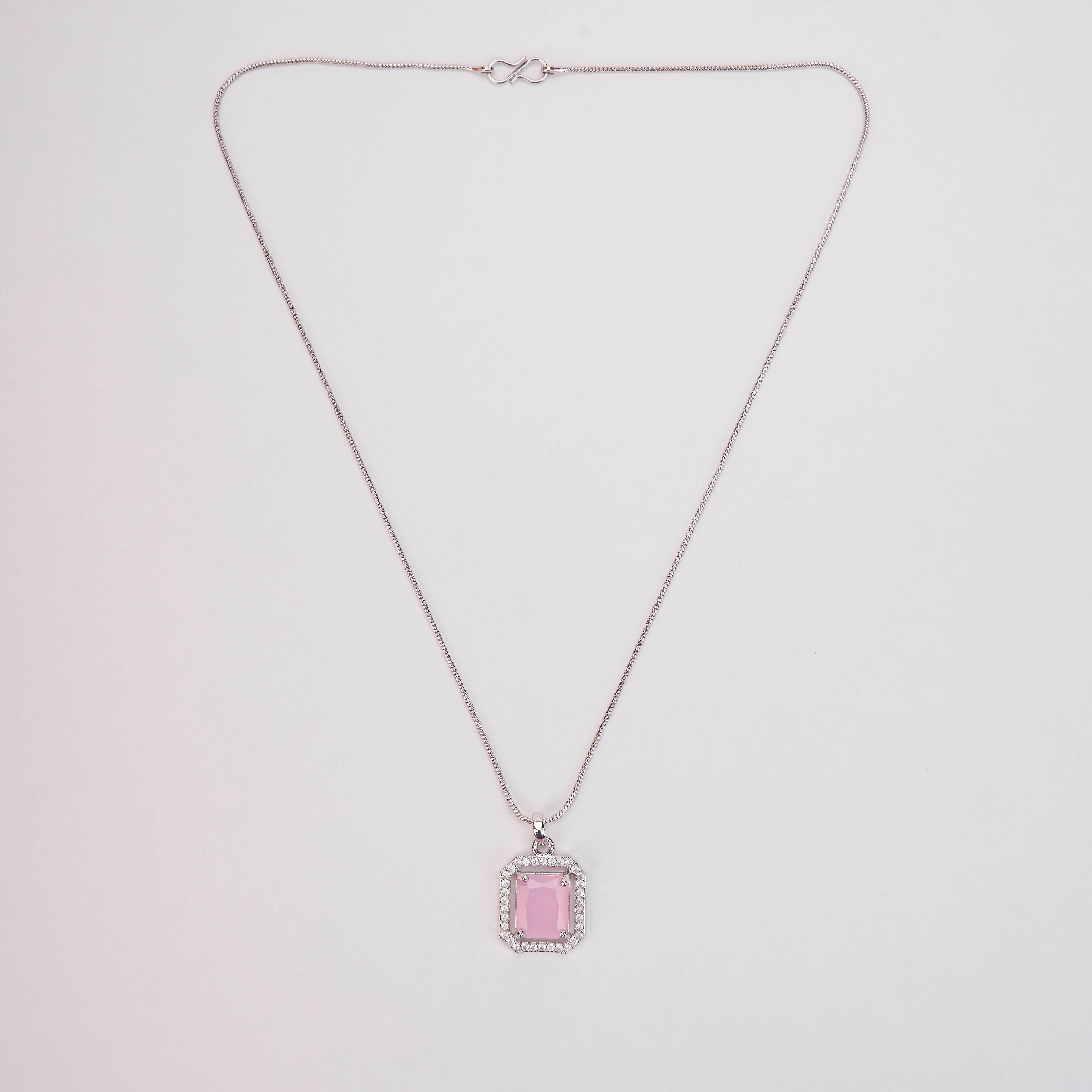 Rhodium Plated Octagon Stone Pendant with chain-Mint Pink